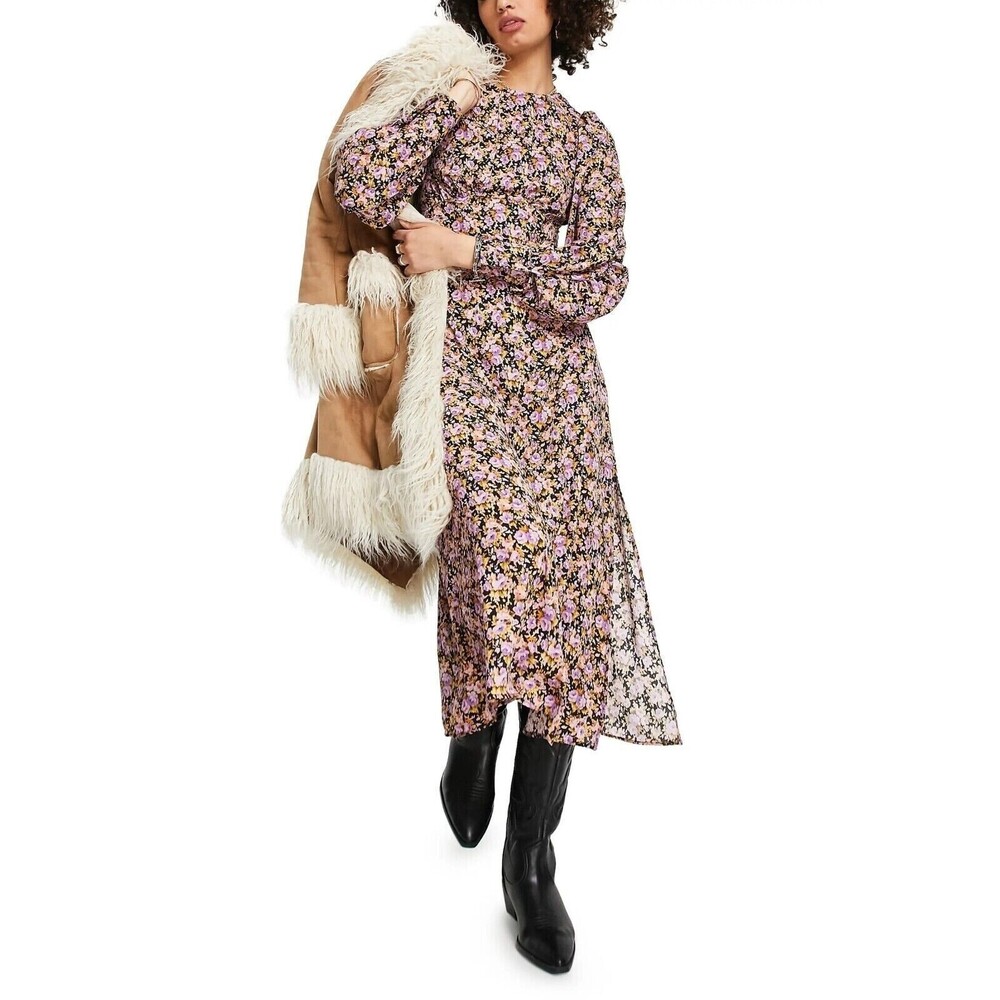Topshop Floral Print Balloon Sleeve Open Back Dress US 10 Retro Purple NEW B15